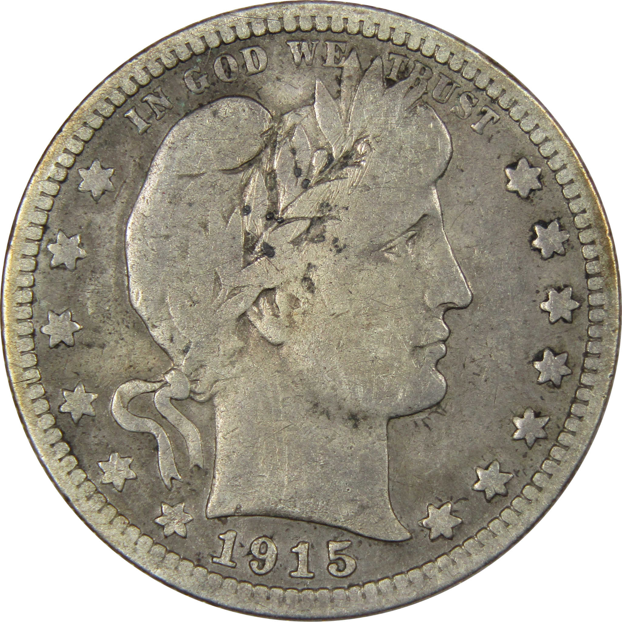 1915 S Barber Quarter VG Very Good Details 90% Silver 25c SKU:IPC7149