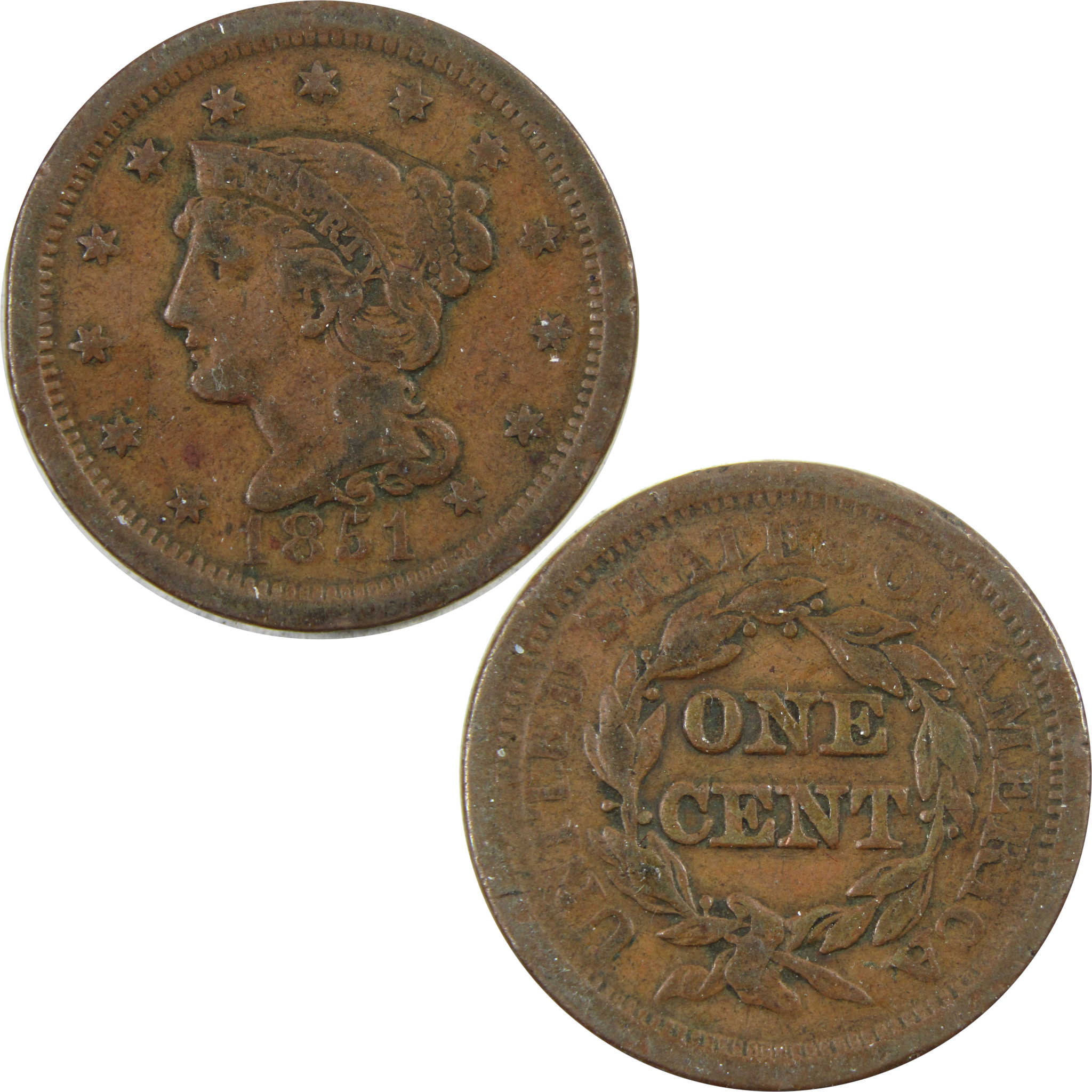 1851 Braided Hair Large Cent F Fine Copper Penny 1c Coin SKU:I5006