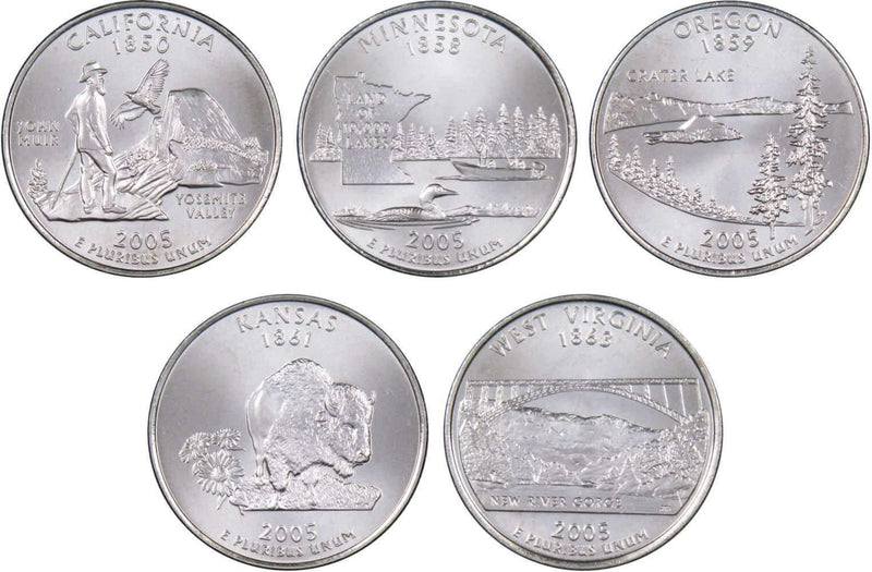 2005 D State Quarter 5 Coin Set BU Uncirculated Mint State 25c Collectible - Profile Coins & Collectibles 