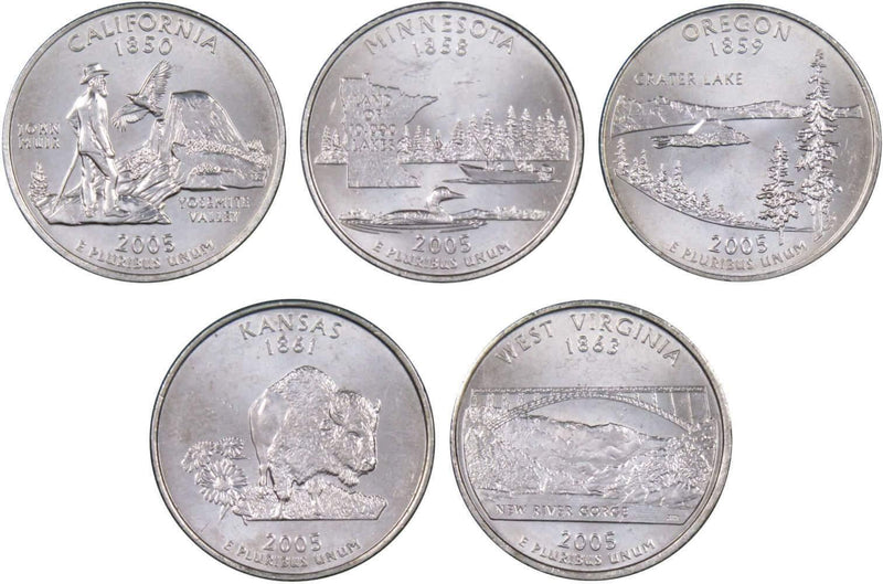 2005 P State Quarter 5 Coin Set BU Uncirculated Mint State 25c Collectible - Profile Coins & Collectibles 