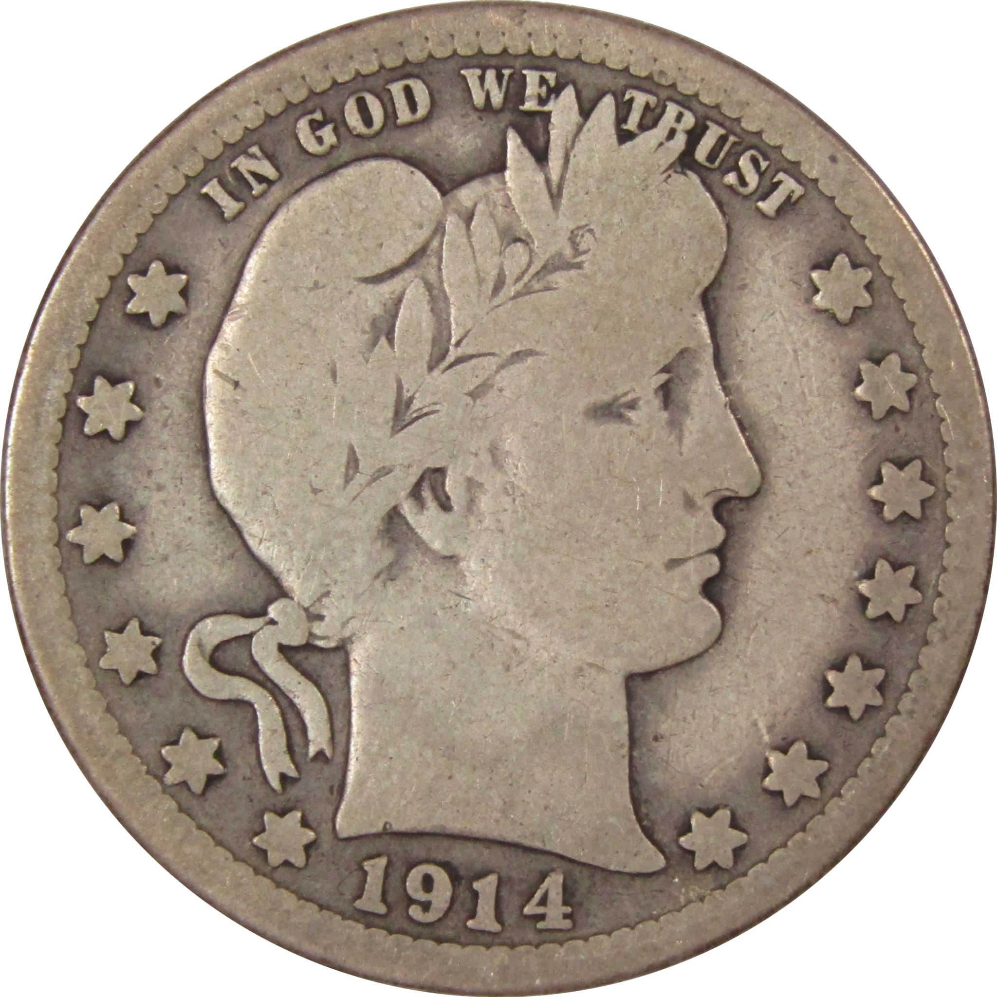 1914 S Barber Quarter VG Very Good 90% Silver 25c SKU:IPC7275