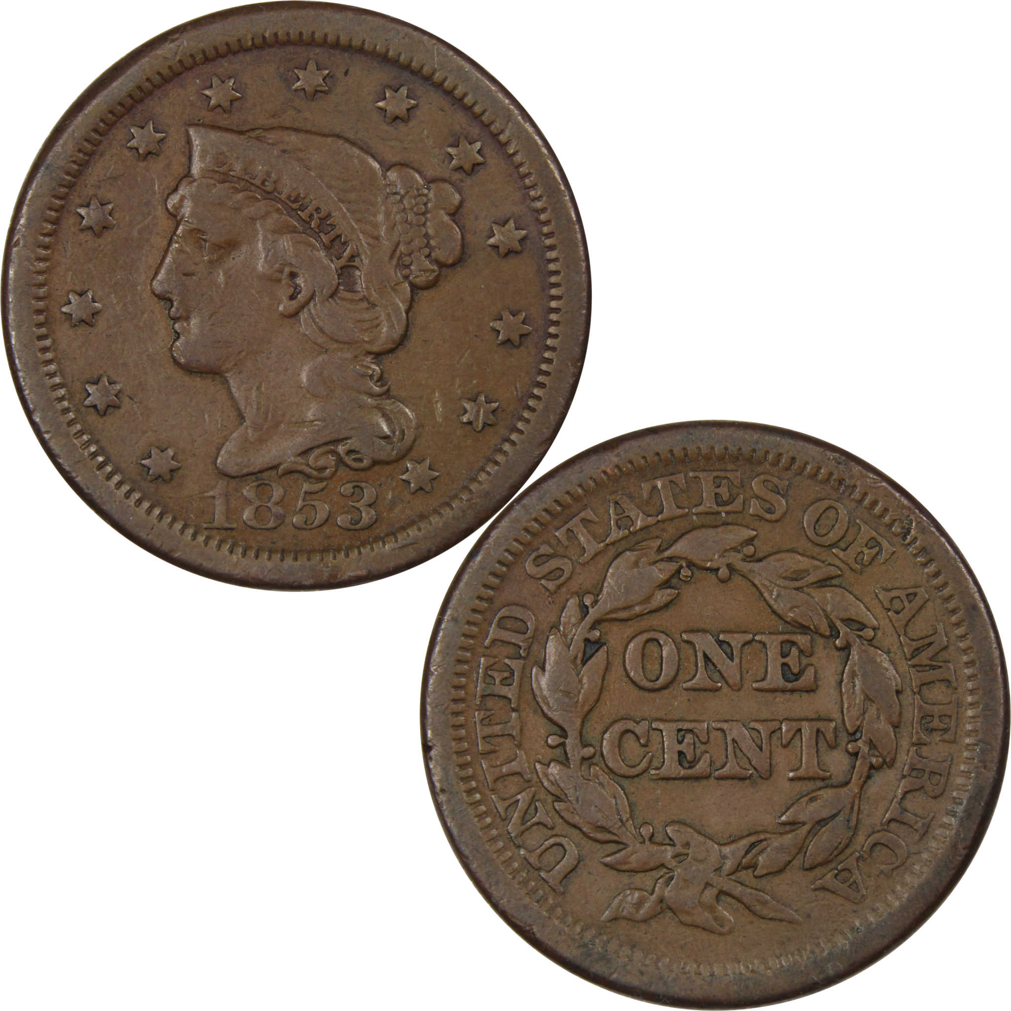 1853 Braided Hair Large Cent F Fine Copper Penny 1c SKU:IPC9856