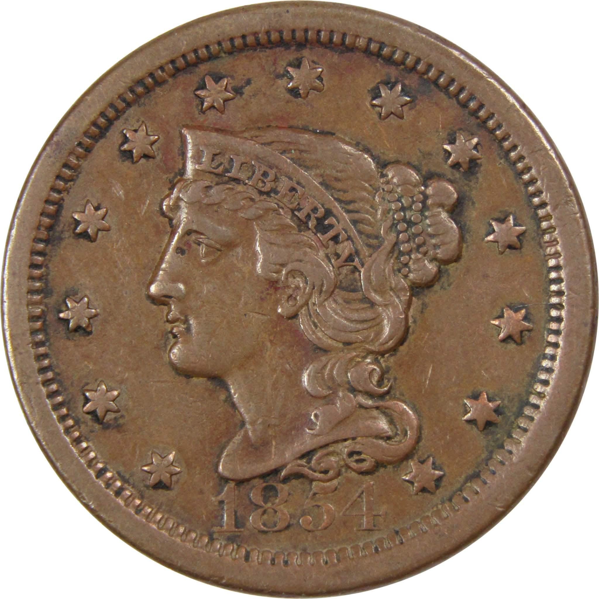 1854 Braided Hair Large Cent Extremely Fine Copper Penny SKU:IPC4557