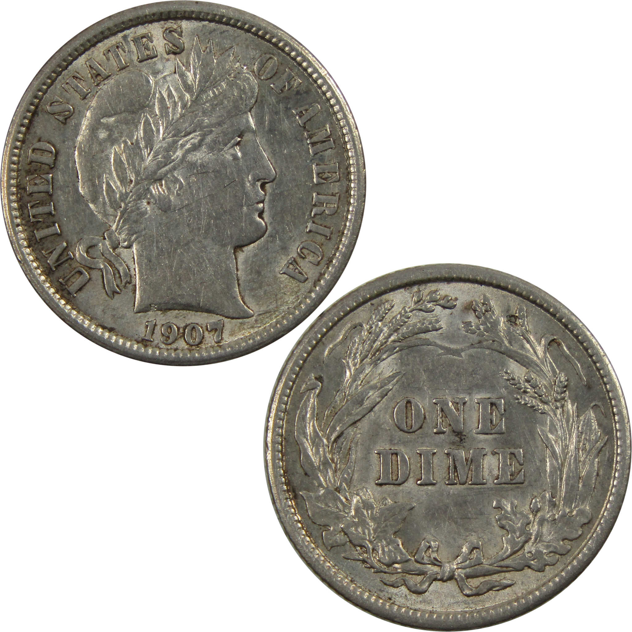 1907 Barber Dime AU About Uncirculated 90% Silver 10c Coin SKU:I4736