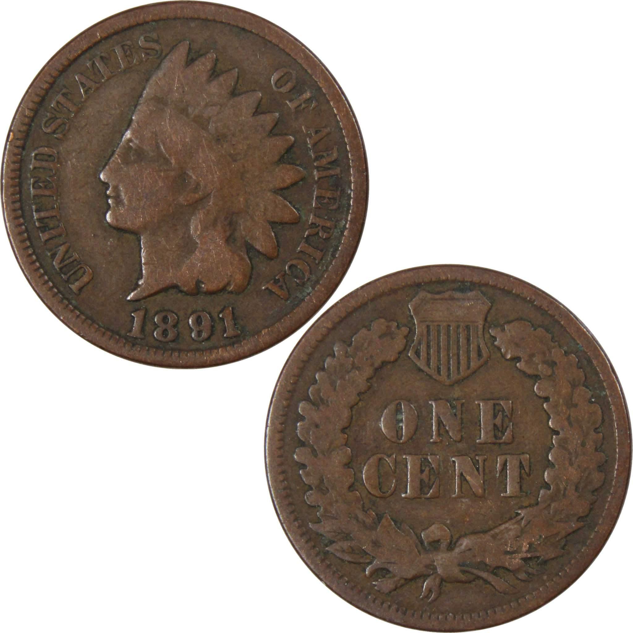 1891 Indian Head Cent AG About Good Bronze Penny 1c Coin Collectible