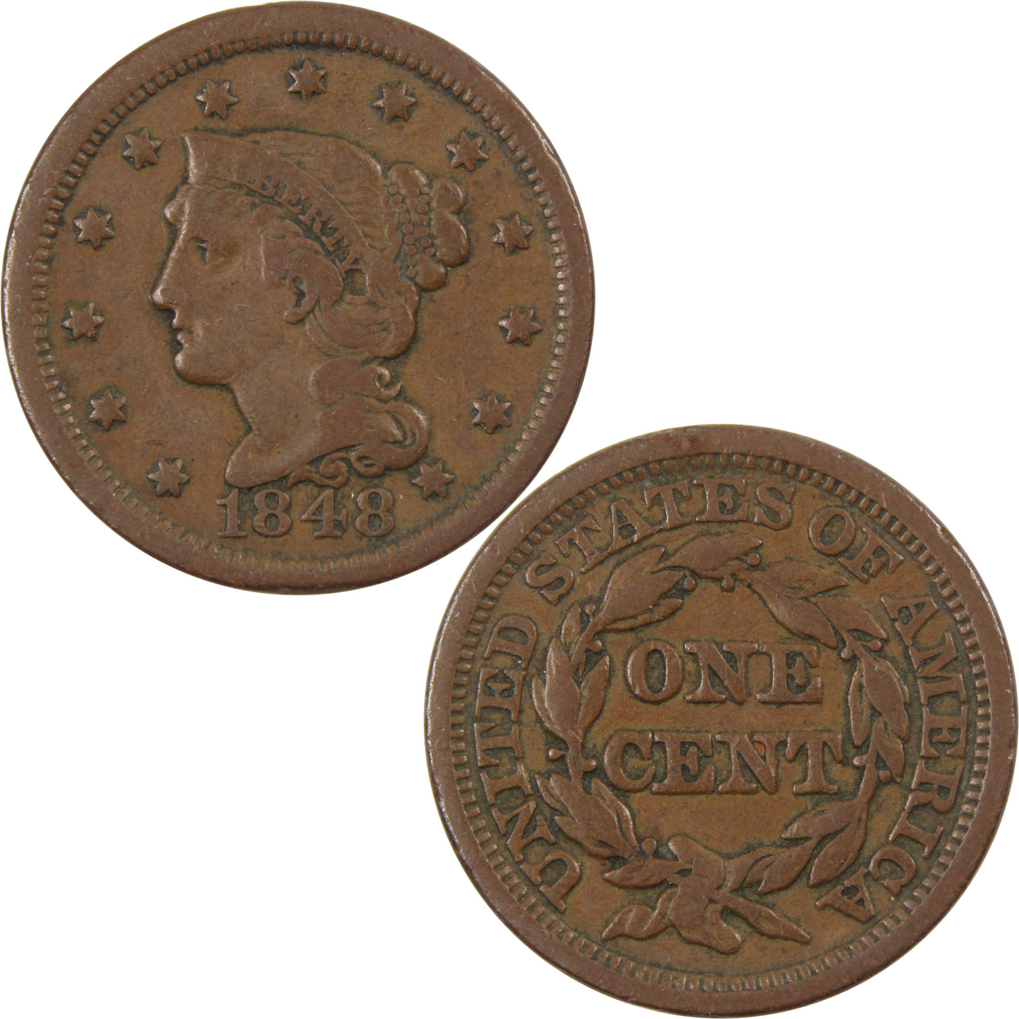 1848 Braided Hair Large Cent F Fine Copper Penny 1c Coin SKU:I7385