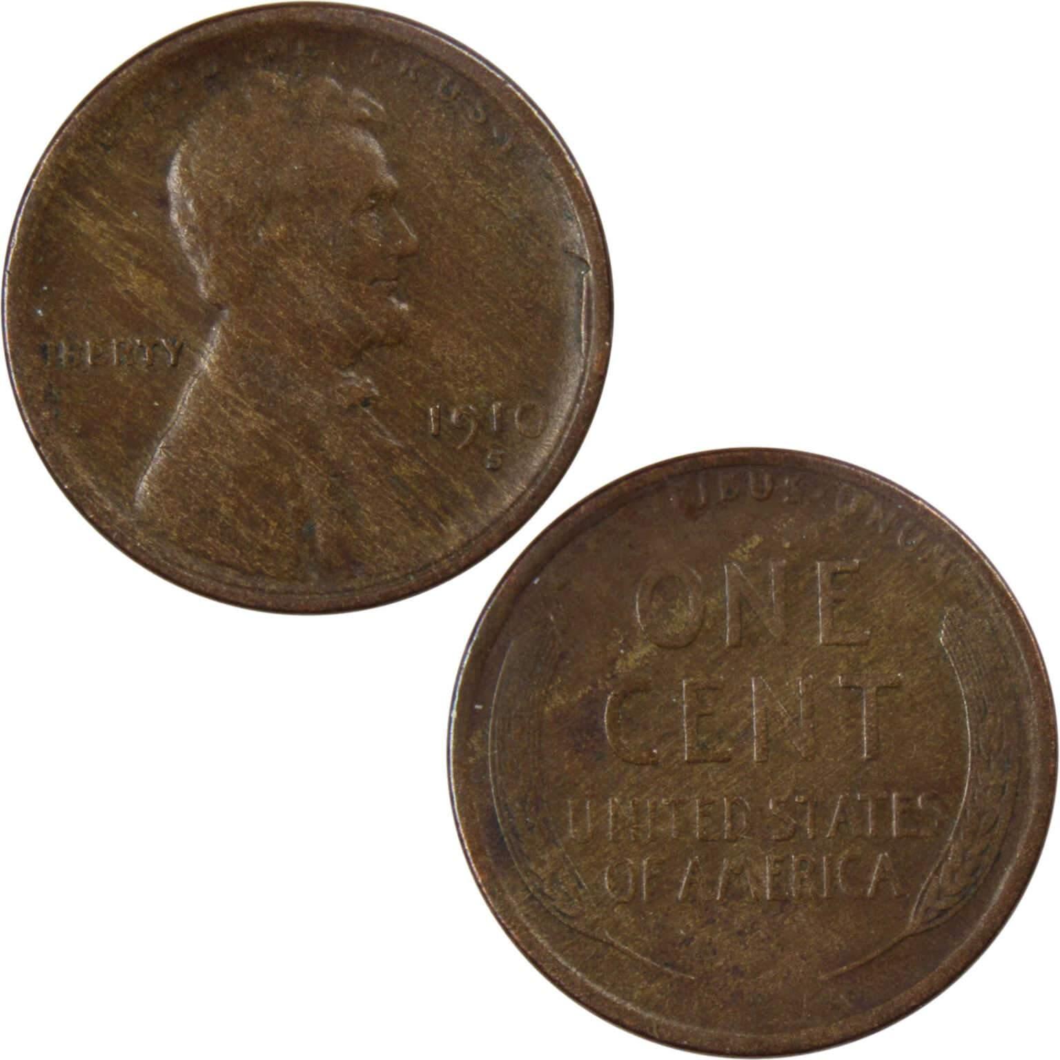 1910 S Lincoln Wheat Cent F Fine Bronze Penny 1c Coin Collectible