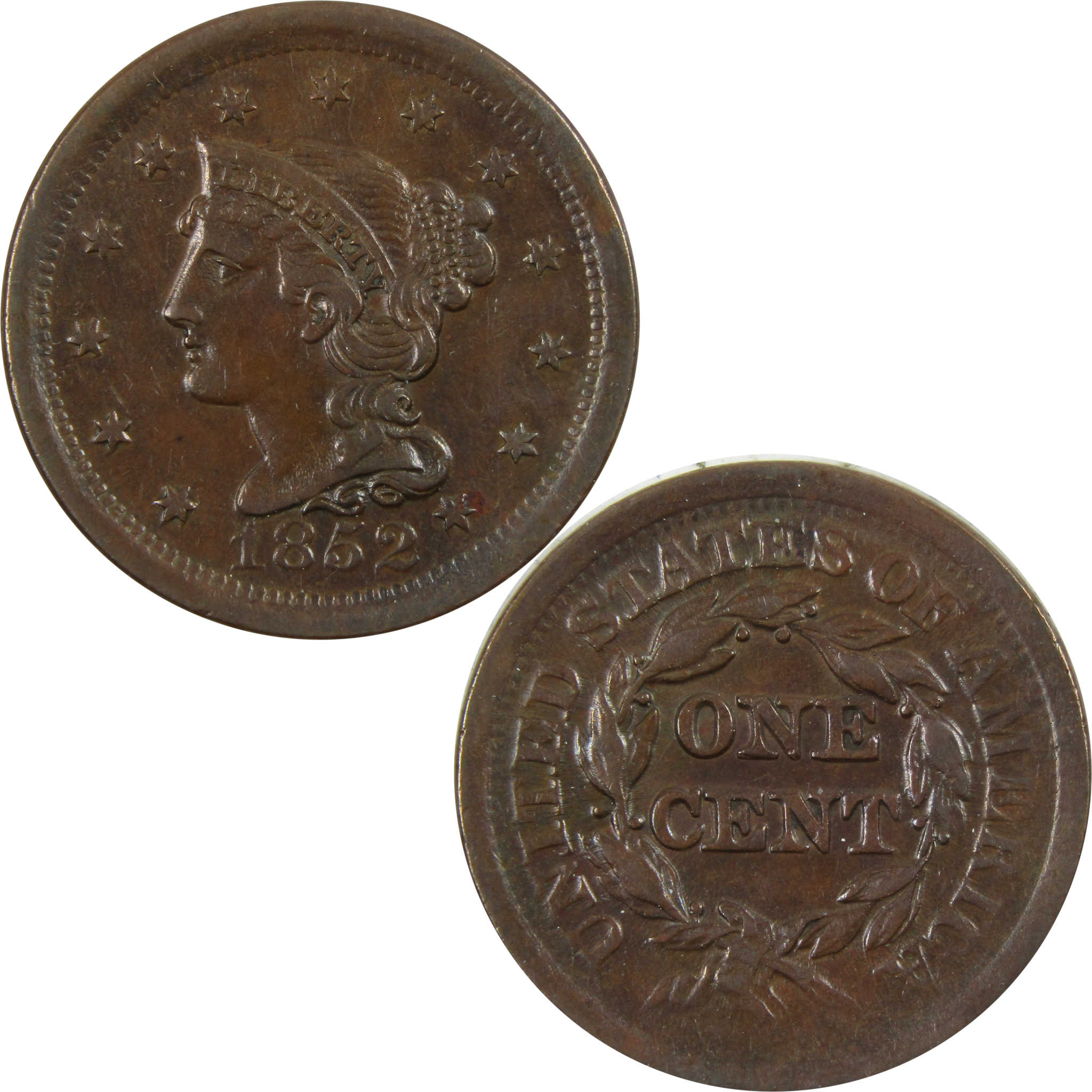 1852 Braided Hair Large Cent AU About Unc Copper Penny SKU:I4721