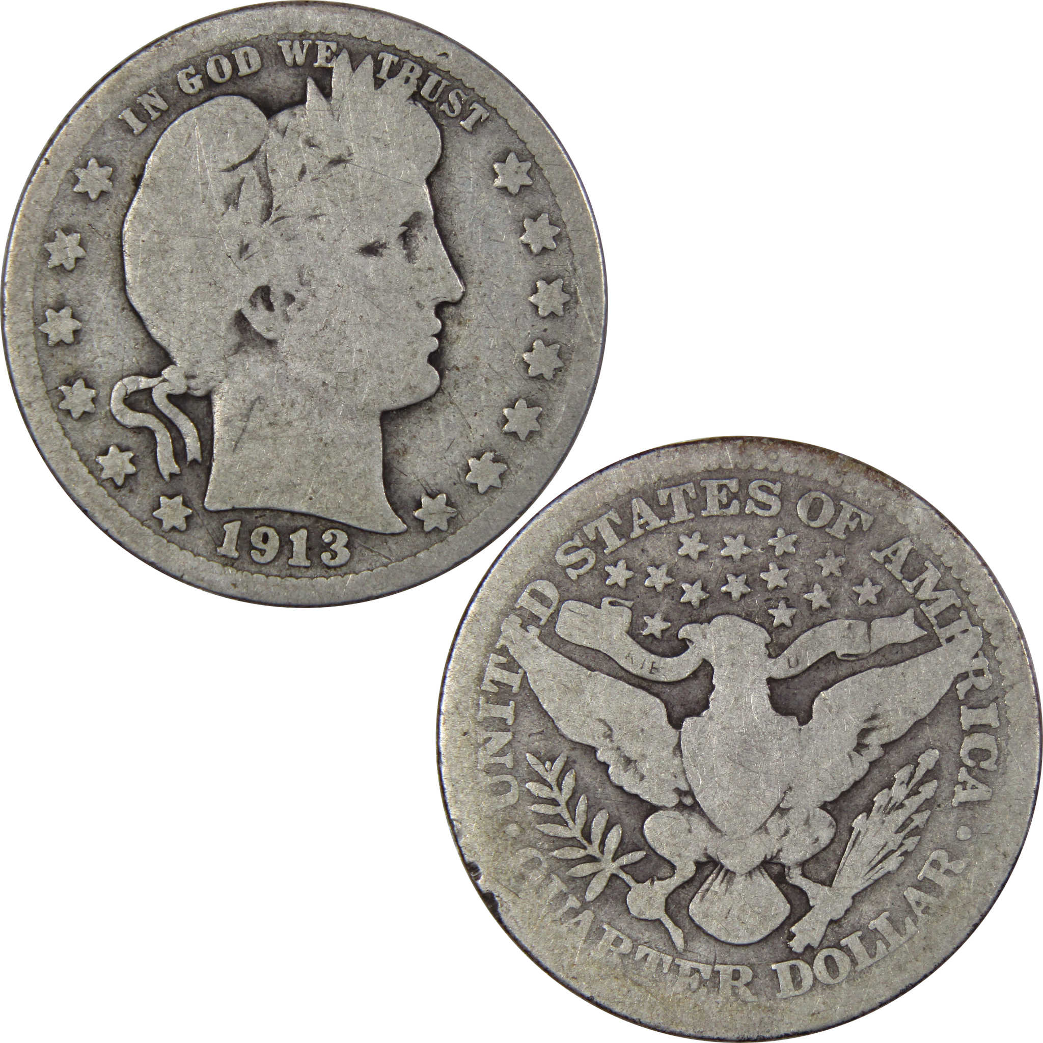 1913 Barber Quarter G Good 90% Silver 25c US Type Coin SKU:IPC8146