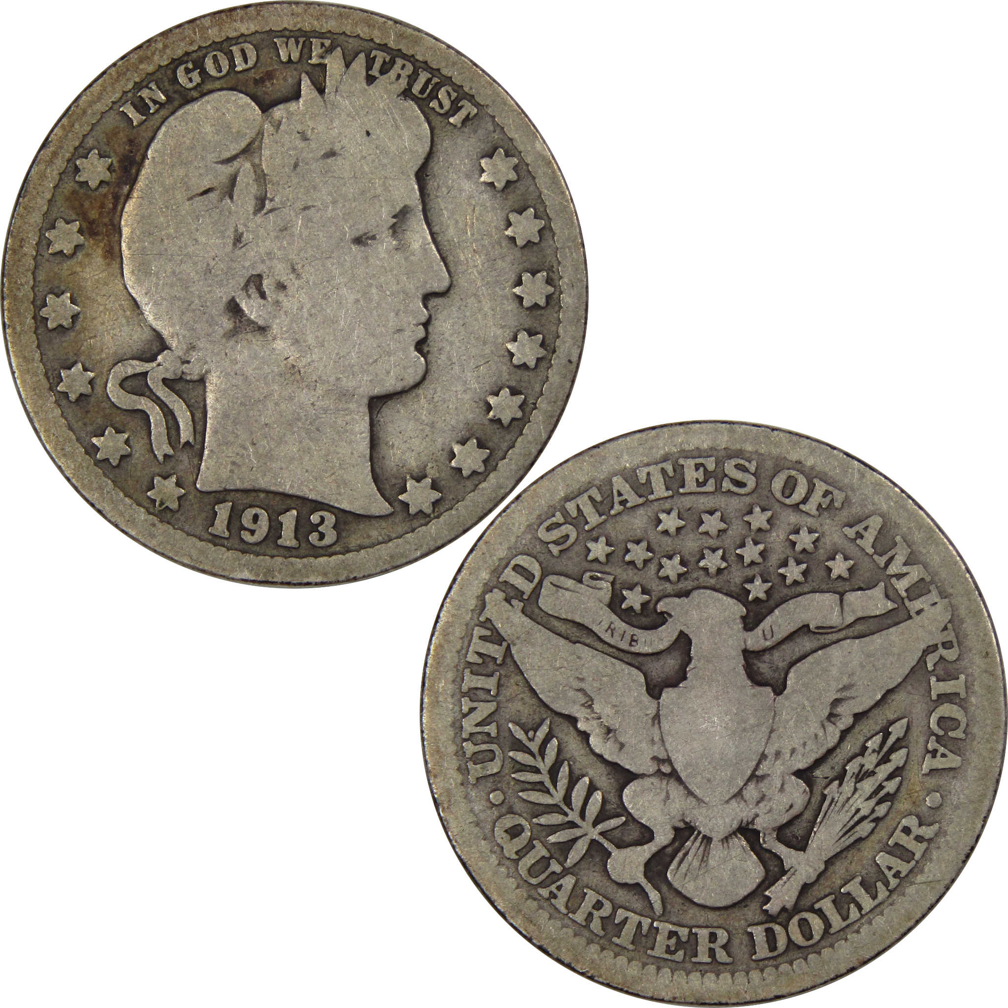1913 Barber Quarter G Good 90% Silver 25c US Type Coin SKU:I1765