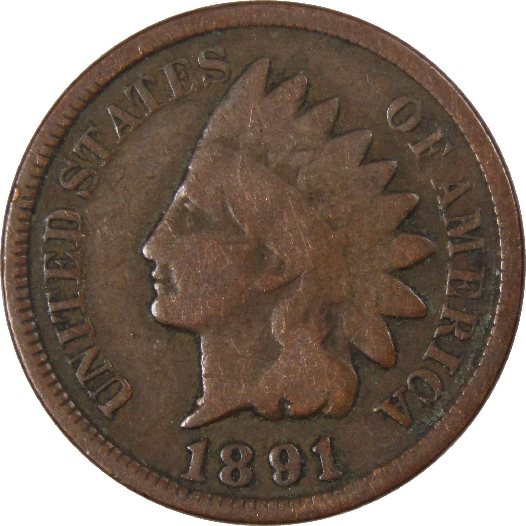 1891 Indian Head Cent AG About Good Bronze Penny 1c Coin Collectible