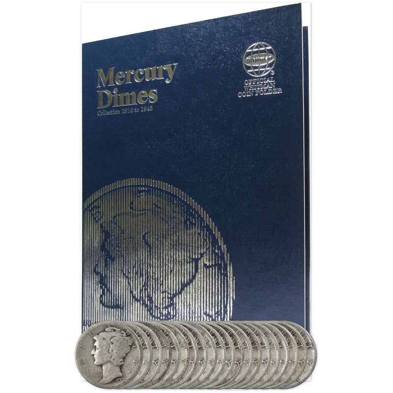 1920-1945 Mercury Dime 20 Coin Gift Set AG About Good 90% Silver 10c with Folder - Mercury Dimes - Winged Liberty Dime - Profile Coins &amp; Collectibles