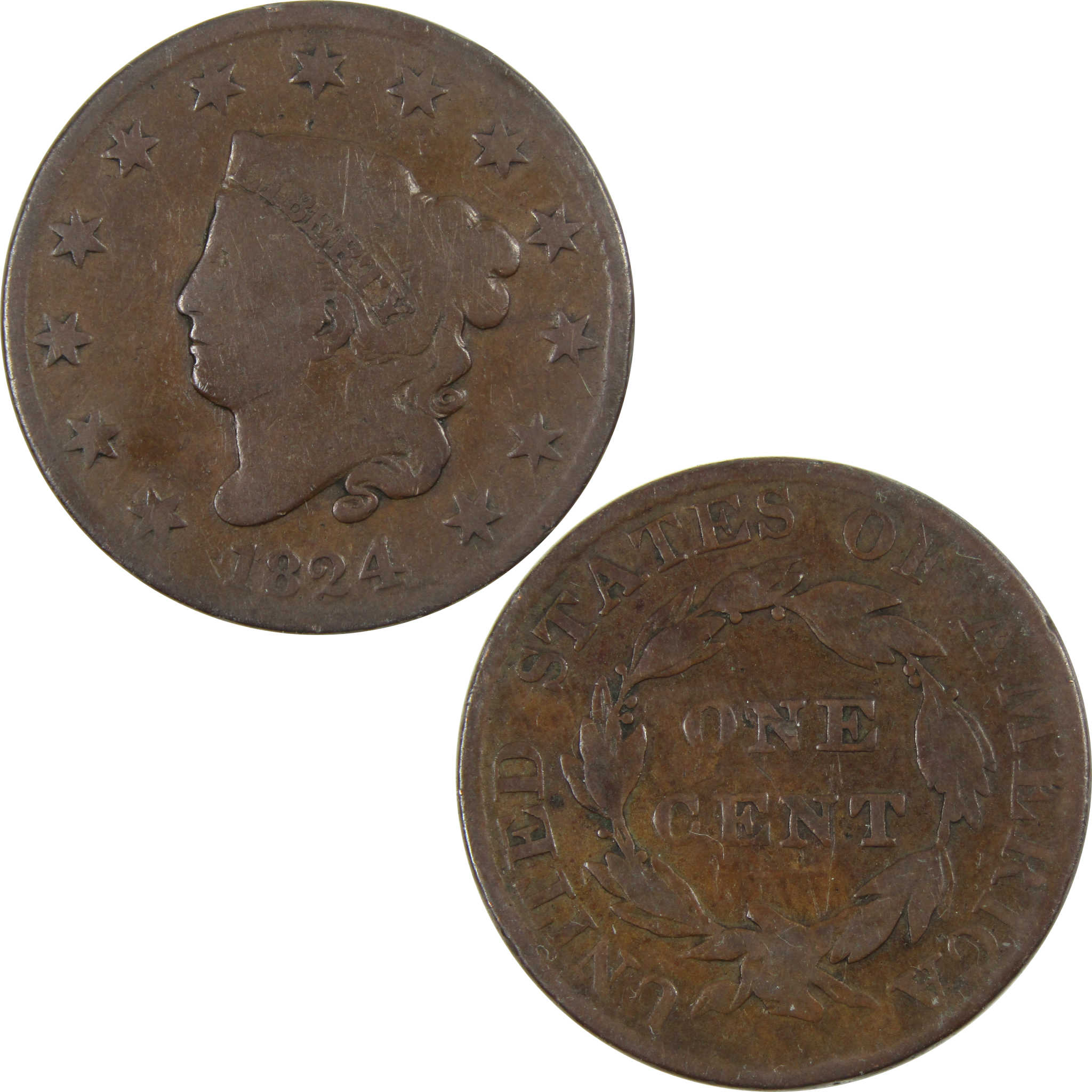1824 Coronet Head Large Cent VG Very Good Copper Penny Coin SKU:I4462