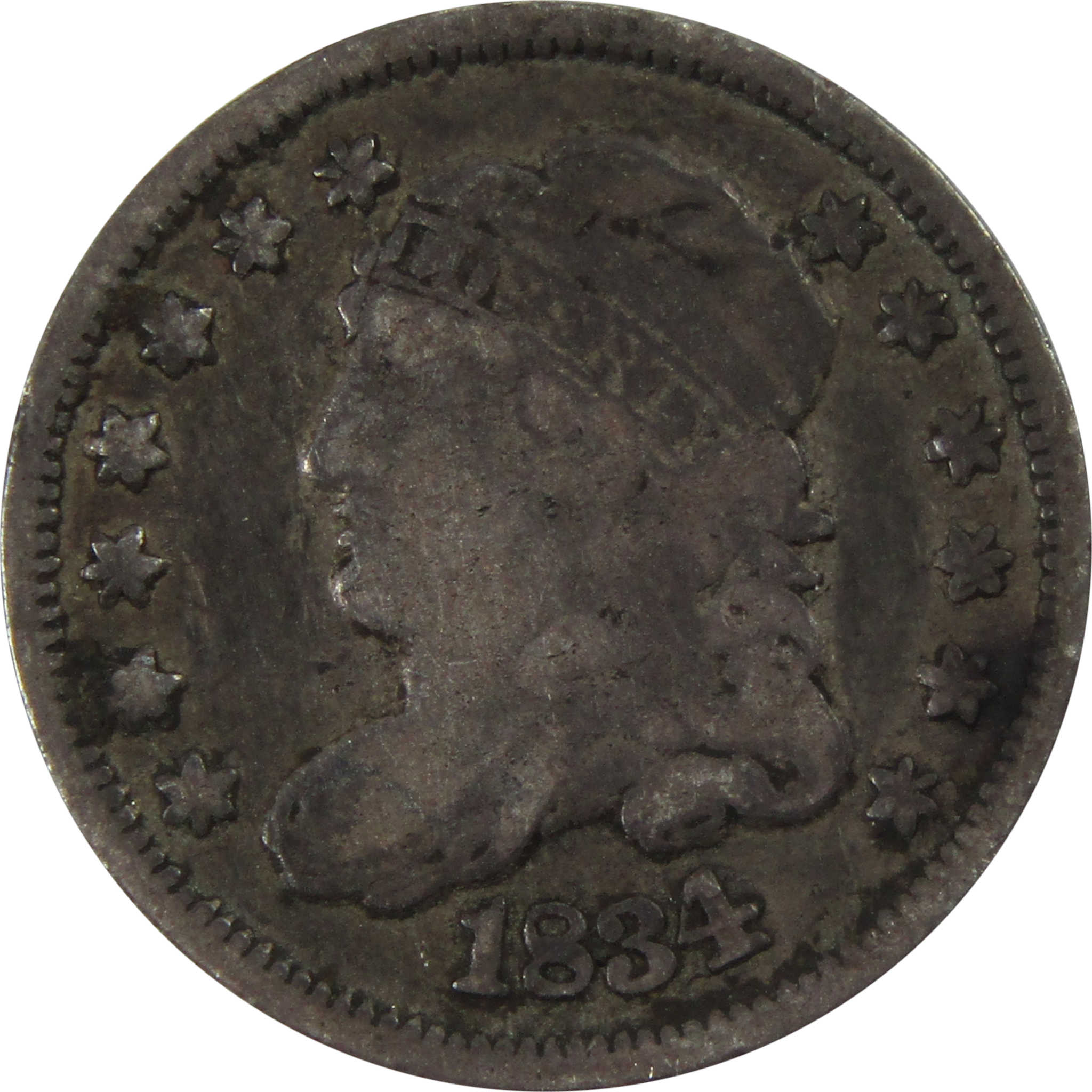 1834 Capped Bust Half Dime F Fine 89.24% Silver 5c Coin SKU:I7236