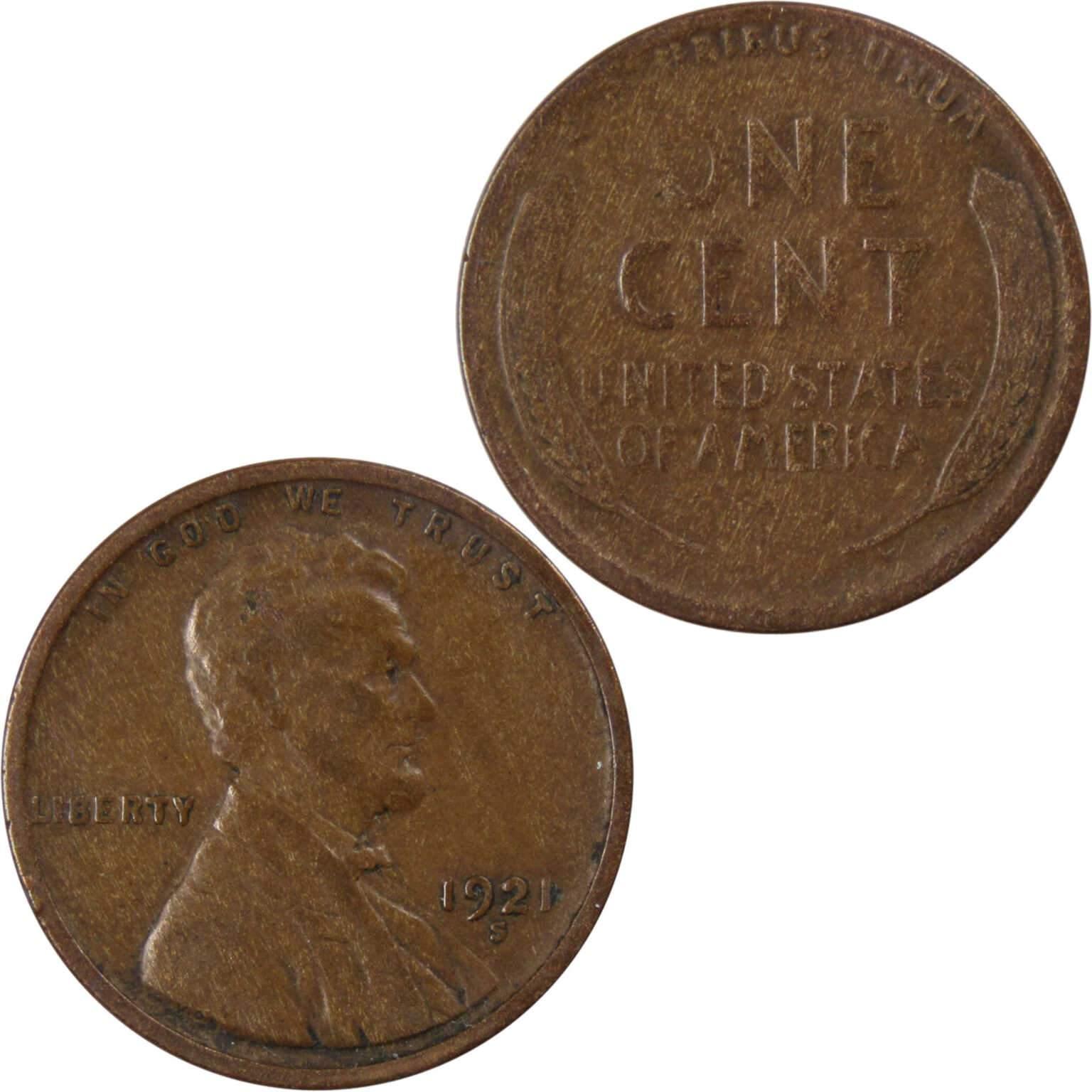 1921 S Lincoln Wheat Cent VG Very Good Bronze Penny 1c Coin Collectible